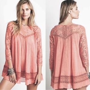 Free people crochet gauze boho top, PINK!! Size Large